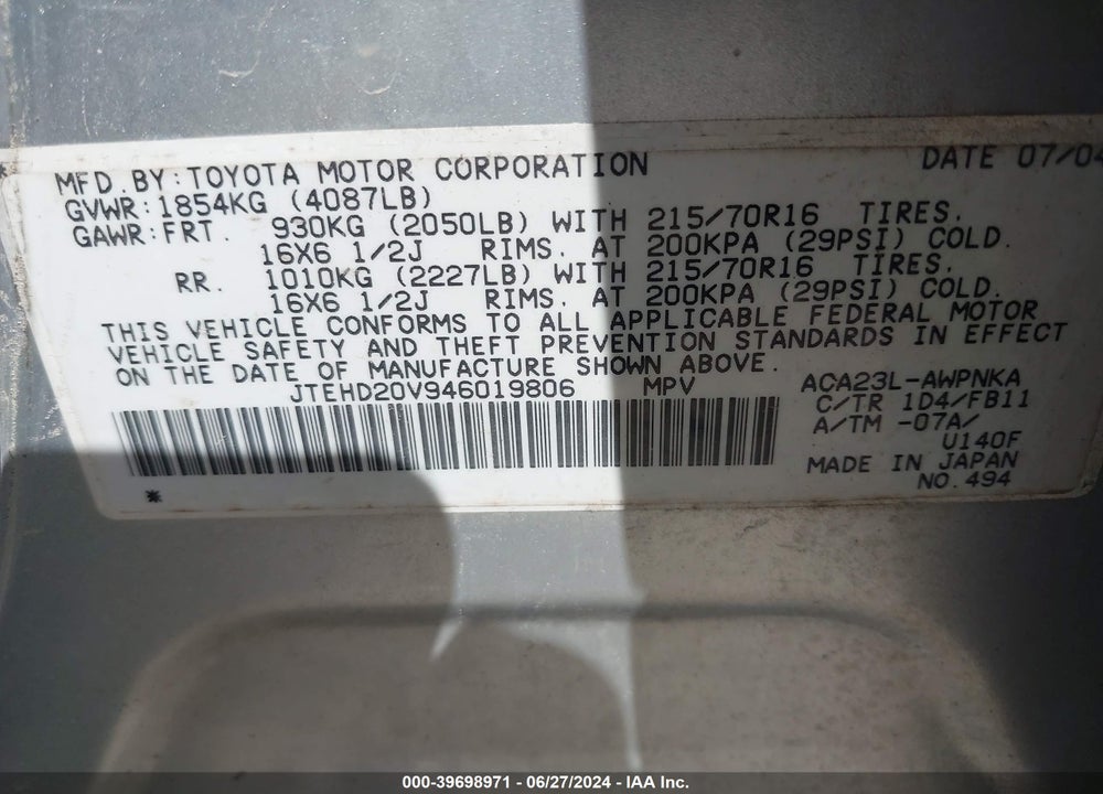 2004 TOYOTA RAV4 VIN: JTEHD20V946019806