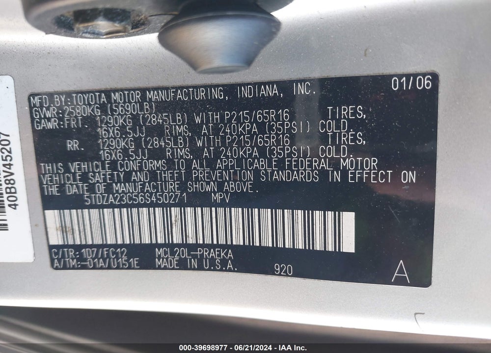 2006 TOYOTA SIENNA VIN: 5TDZA23C56S450271