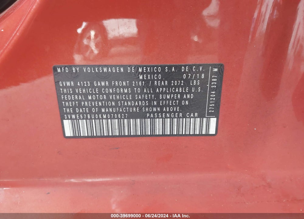 2019 VOLKSWAGEN JETTA VIN: 3VWE57BU0KM070627