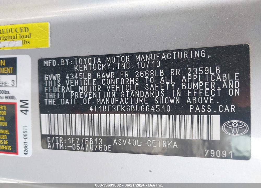 2011 TOYOTA CAMRY LE VIN: 4T1BF3EK6BU664510