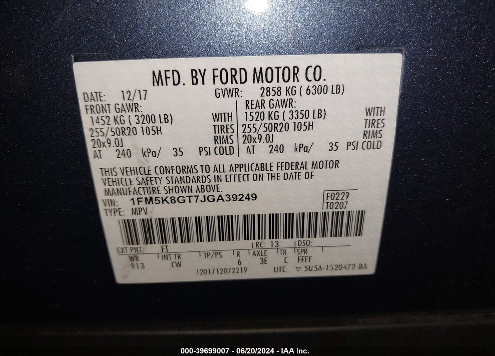 2018 FORD EXPLORER SPORT VIN: 1FM5K8GT7JGA39249