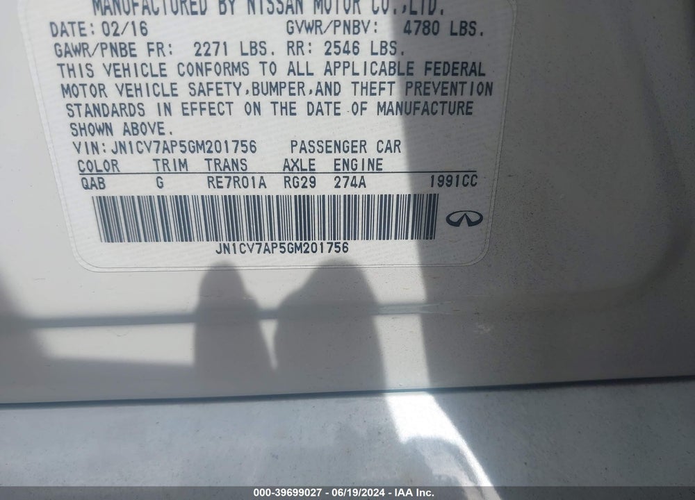 2016 INFINITI Q50 2.0T PREMIUM VIN: JN1CV7AP5GM201756