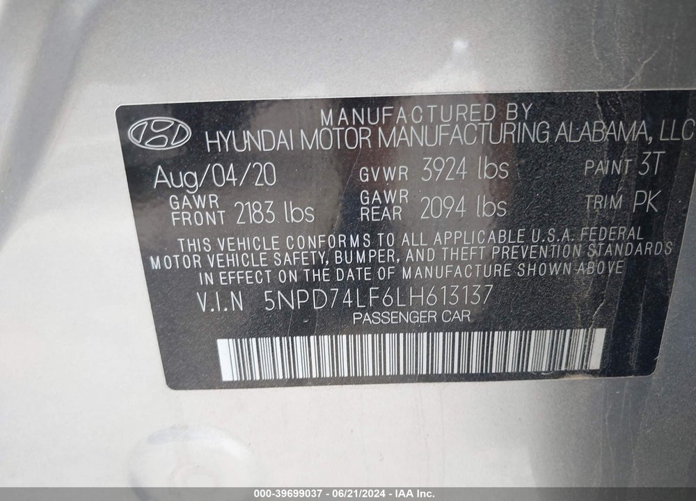 2020 HYUNDAI ELANTRA SE VIN: 5NPD74LF6LH613137