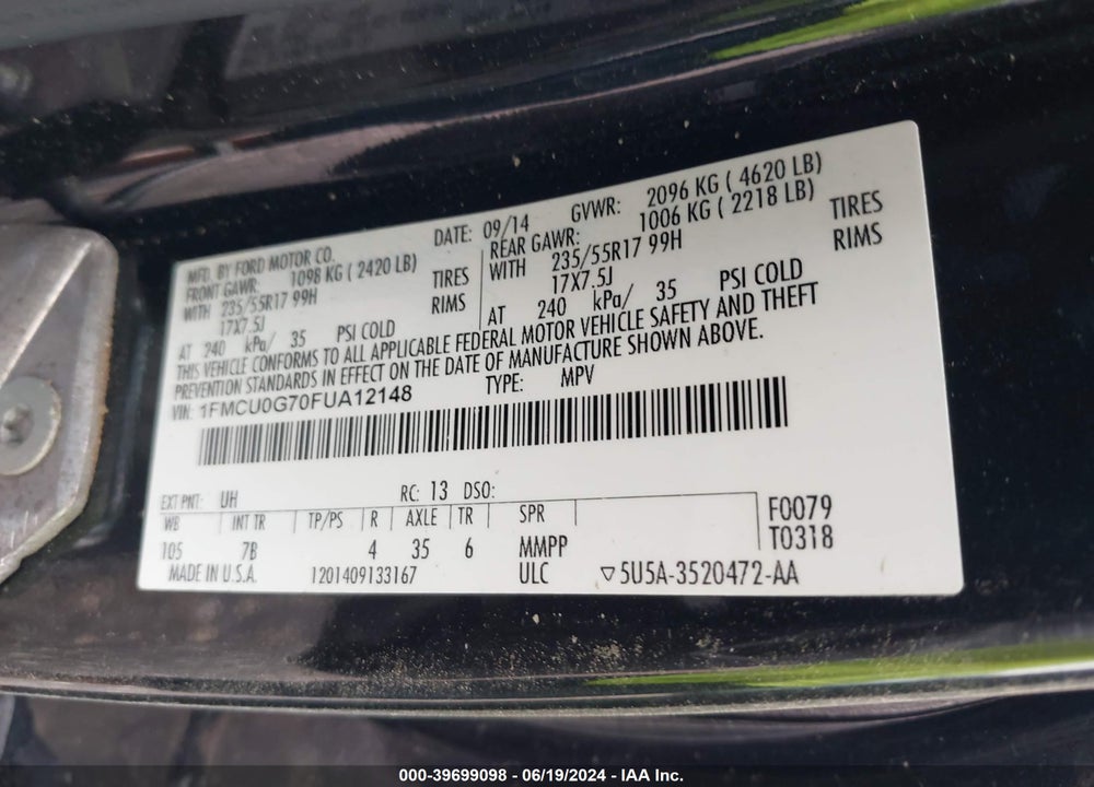 2015 FORD ESCAPE SE VIN: 1FMCU0G70FUA12148