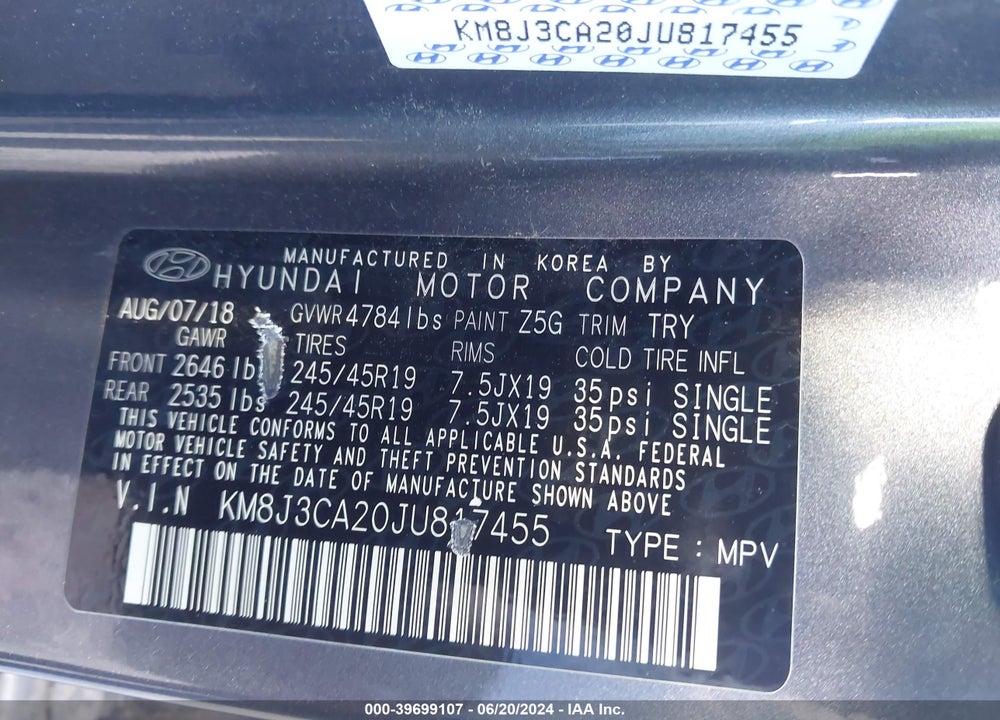 2018 HYUNDAI TUCSON VALUE VIN: KM8J3CA20JU817455