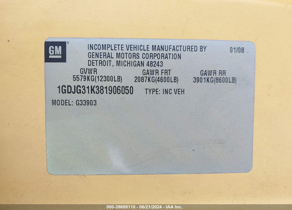 2008 GMC SAVANA CUTAWAY WORK VAN VIN: 1GDJG31K381906050