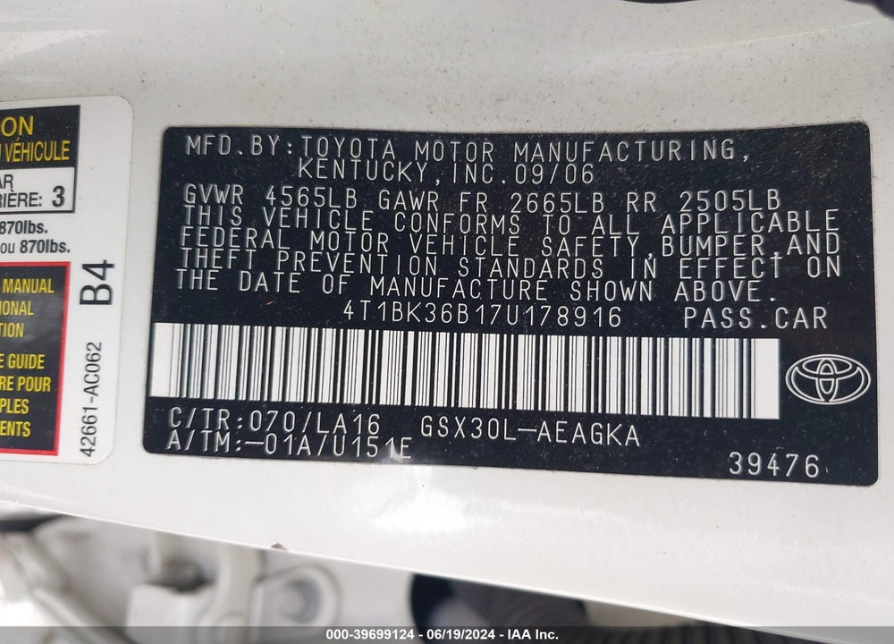 2007 TOYOTA AVALON XLS VIN: 4T1BK36B17U178916