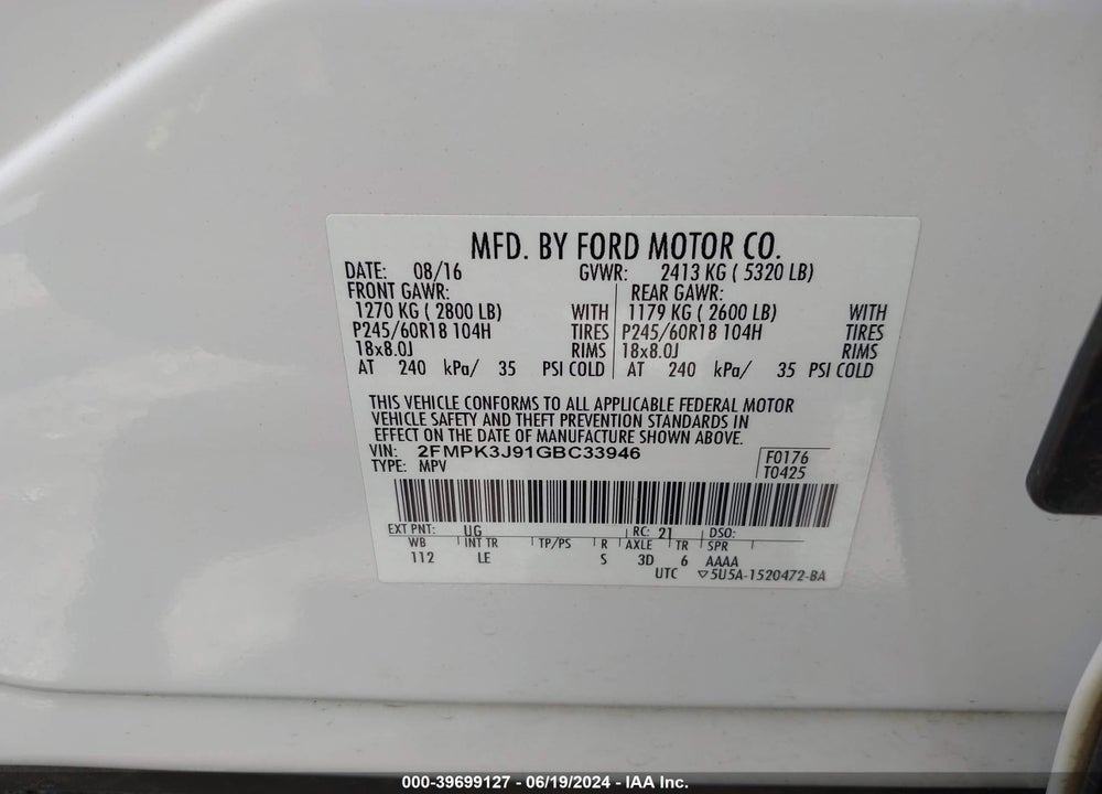 2016 FORD EDGE SEL VIN: 2FMPK3J91GBC33946