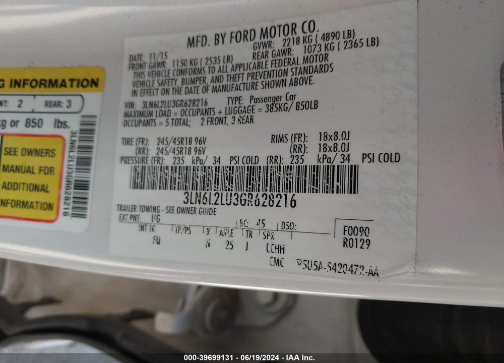 2016 LINCOLN MKZ HYBRID VIN: 3LN6L2LU3GR628216