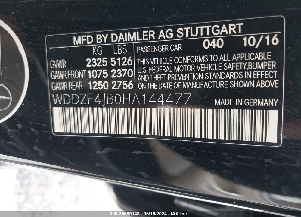 2017 MERCEDES-BENZ E 300 VIN: WDDZF4JB0HA144477