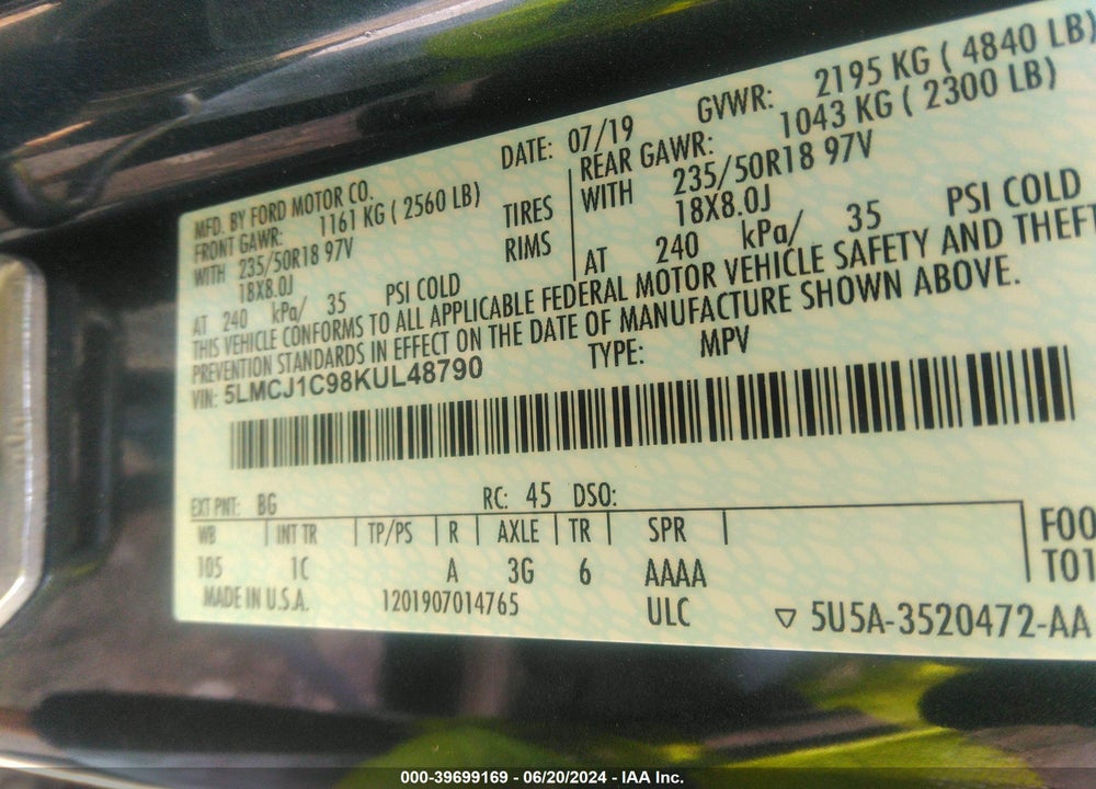 2019 LINCOLN MKC STANDARD VIN: 5LMCJ1C98KUL48790