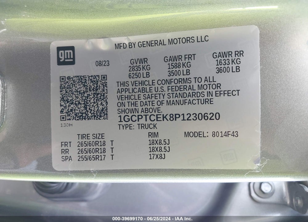 2023 CHEVROLET COLORADO VIN: 1GCPTCEK8P1230620