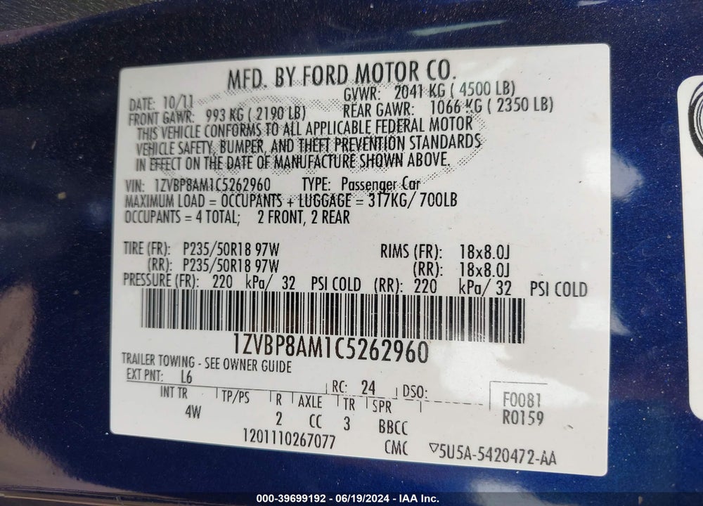 2012 FORD MUSTANG V6 PREMIUM VIN: 1ZVBP8AM1C5262960