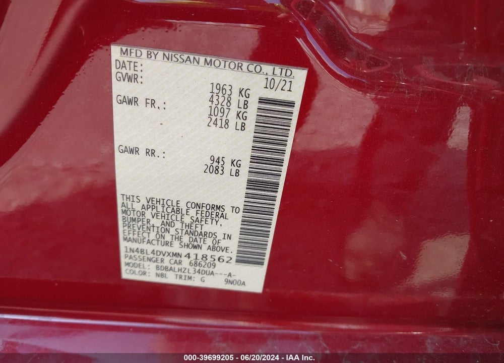 2021 NISSAN ALTIMA SV FWD VIN: 1N4BL4DVXMN418562
