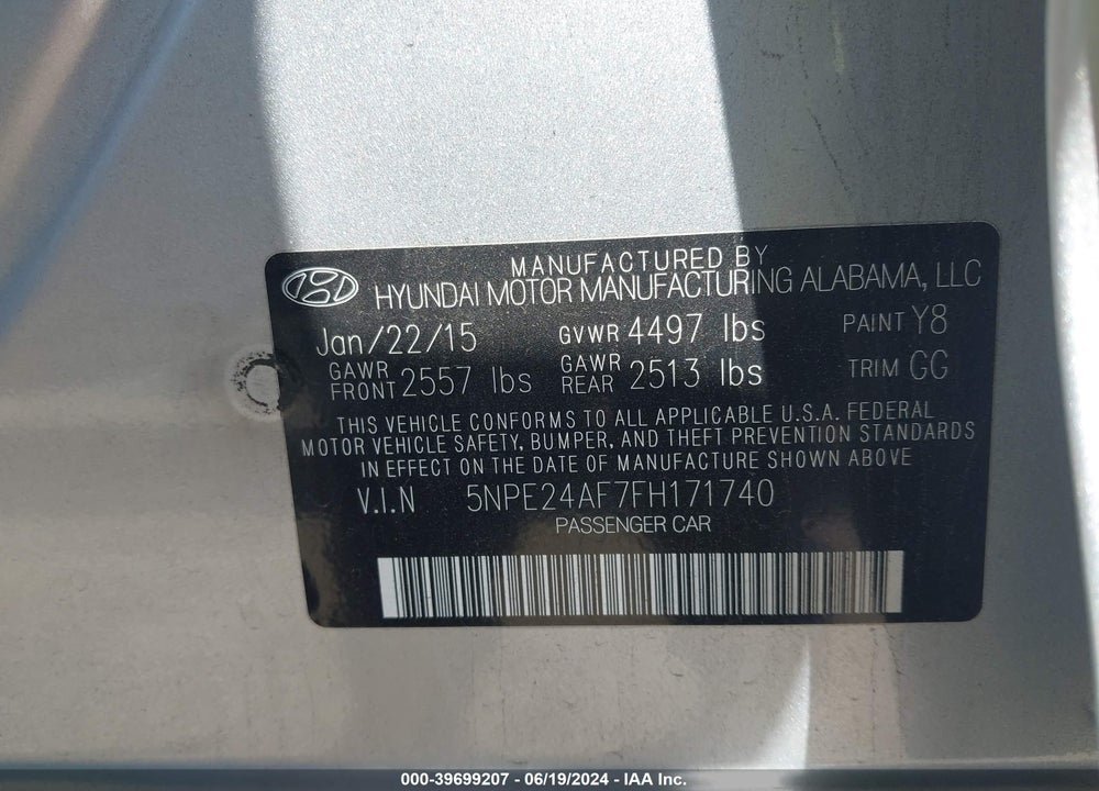 2015 HYUNDAI SONATA SE VIN: 5NPE24AF7FH171740