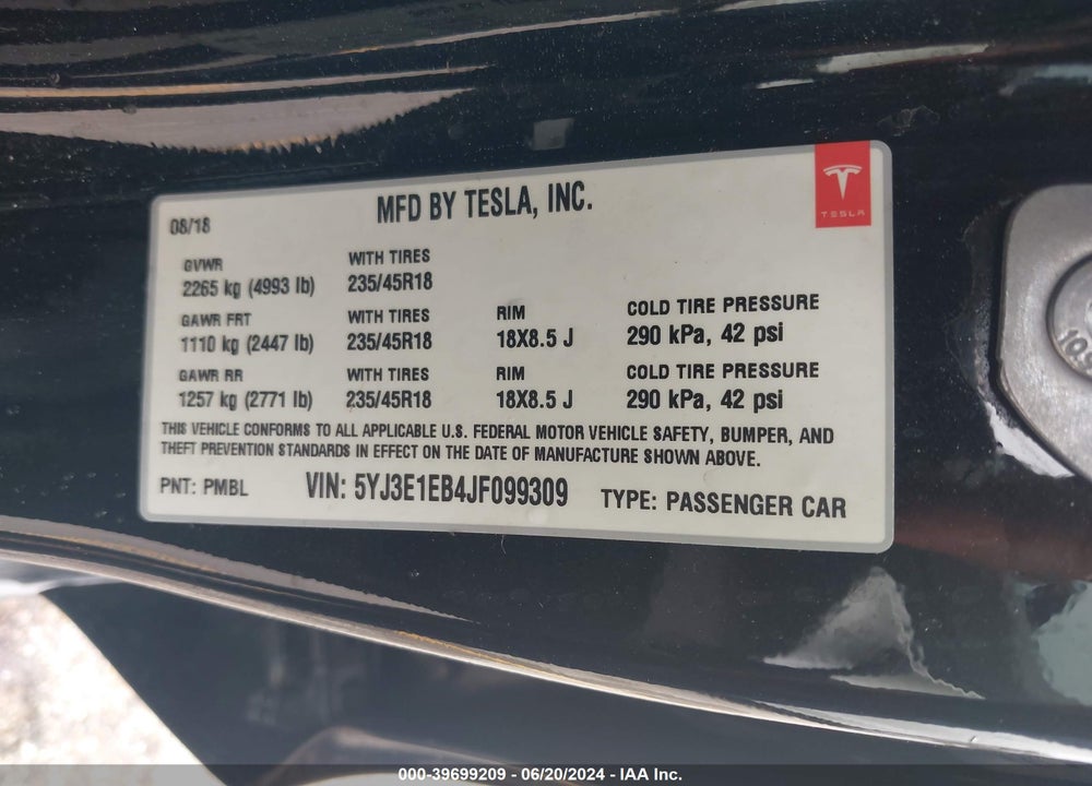 2018 TESLA MODEL 3 LONG RANGE/PERFORMANCE VIN: 5YJ3E1EB4JF099309