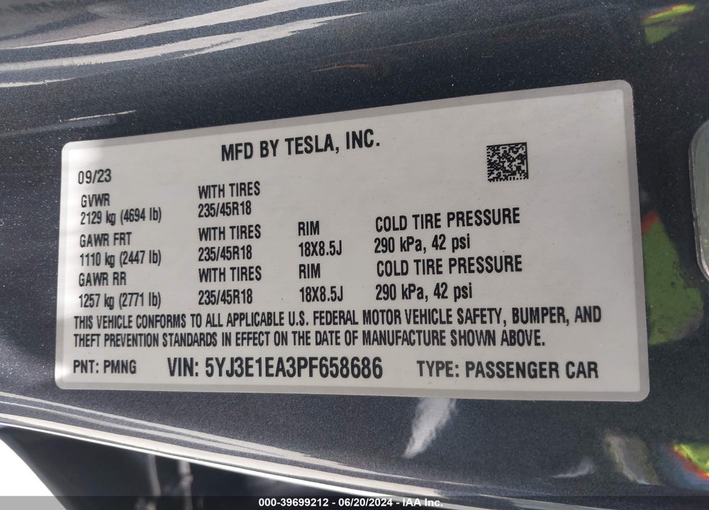 2023 TESLA MODEL 3 REAR-WHEEL DRIVE VIN: 5YJ3E1EA3PF658686