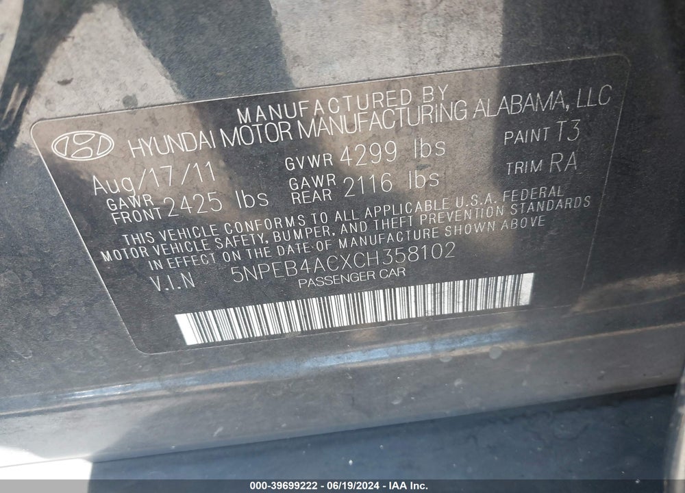 2012 HYUNDAI SONATA GLS VIN: 5NPEB4ACXCH358102