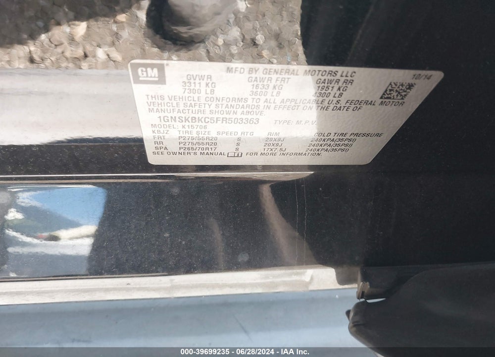 2015 CHEVROLET TAHOE LT VIN: 1GNSKBKC5FR503363