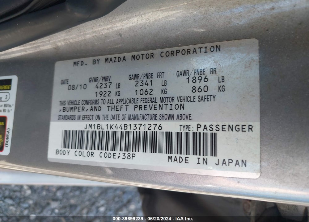 2011 MAZDA 3 SPEED3 SPORT VIN: JM1BL1K44B1371276