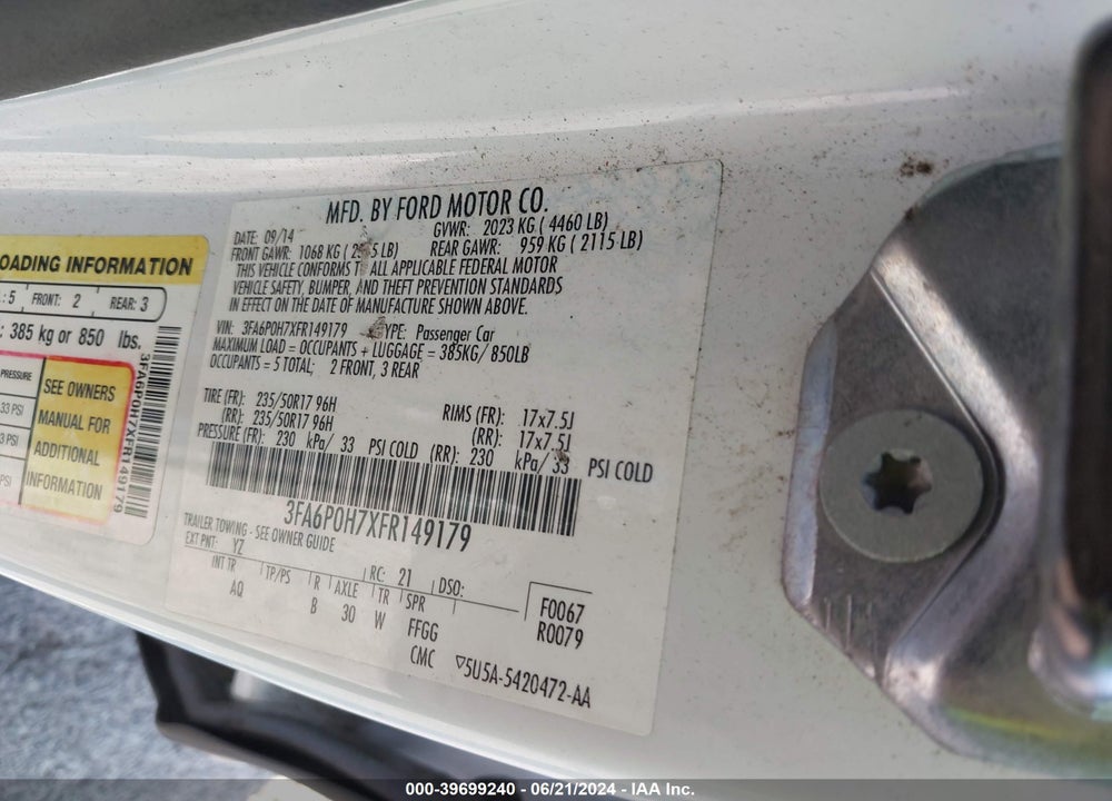 2015 FORD FUSION VIN: 3FA6P0H7XFR149179