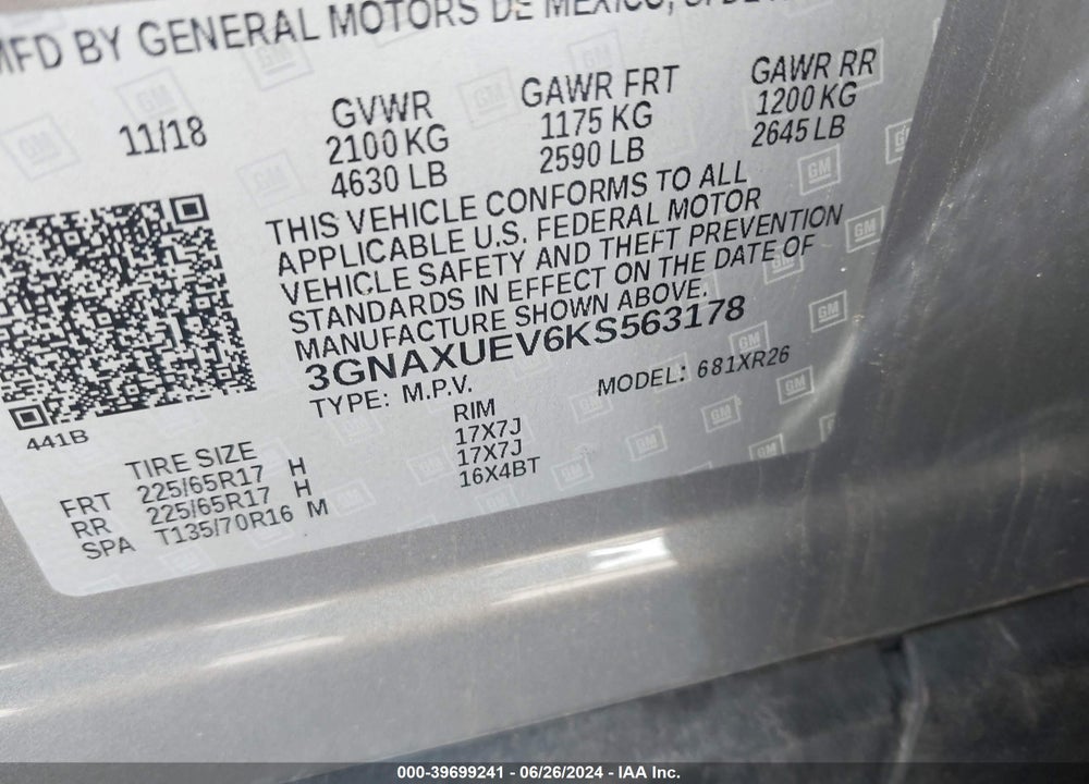 2019 CHEVROLET EQUINOX LT VIN: 3GNAXUEV6KS563178