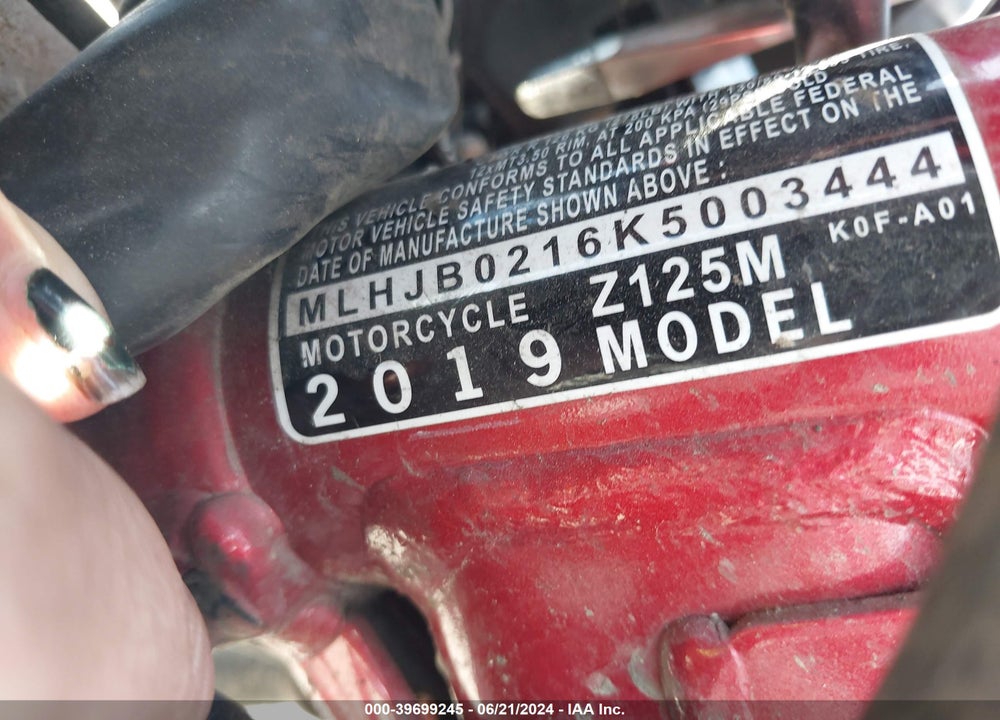 2019 HONDA Z125 M VIN: MLHJB0216K5003444