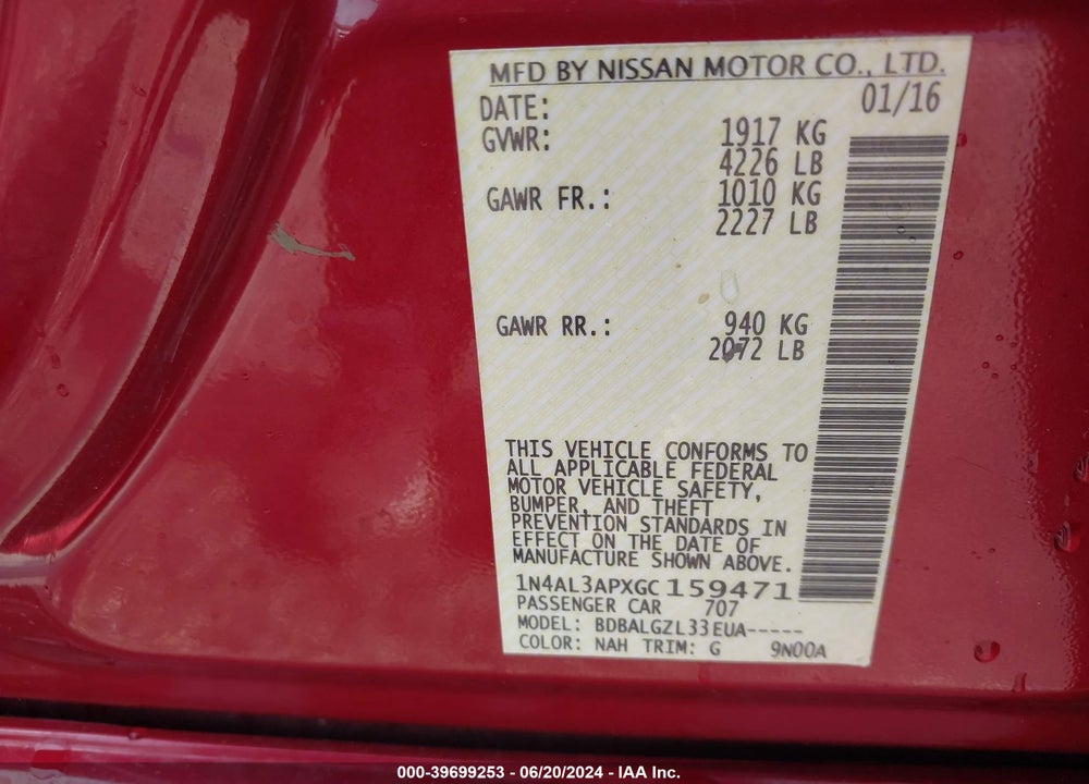 2016 NISSAN ALTIMA 2.5/2.5 S/2.5 SL/2.5 SR/2.5 SV VIN: 1N4AL3APXGC159471