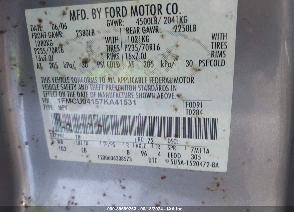 2007 FORD ESCAPE LIMITED VIN: 1FMCU04157KA41531