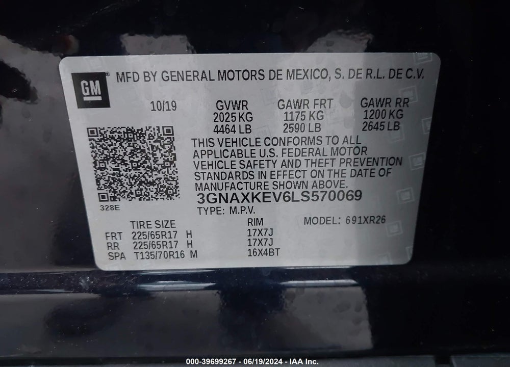 2020 CHEVROLET EQUINOX FWD LT 1.5L TURBO VIN: 3GNAXKEV6LS570069