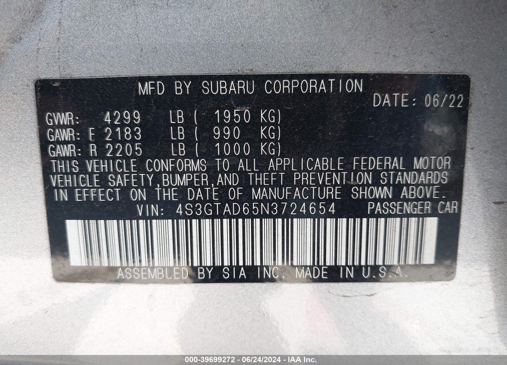 2022 SUBARU IMPREZA PREMIUM 5-DOOR VIN: 4S3GTAD65N3724654