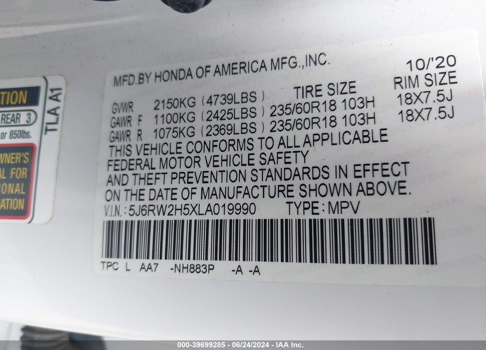 2020 HONDA CR-V VIN: 5J6RW2H5XLA019990
