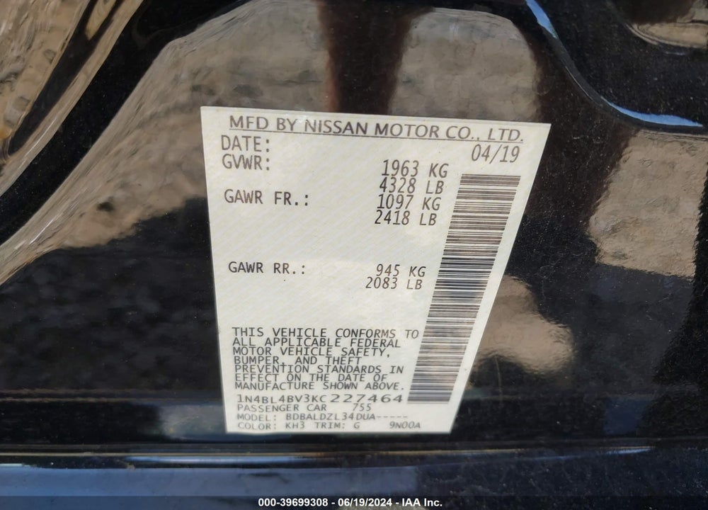 2019 NISSAN ALTIMA 2.5 S VIN: 1N4BL4BV3KC227464