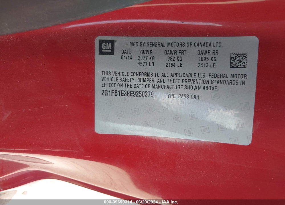 2014 CHEVROLET CAMARO 1LT VIN: 2G1FB1E38E9250279
