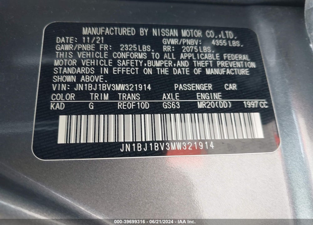 2021 NISSAN ROGUE SPORT SV FWD XTRONIC CVT VIN: JN1BJ1BV3MW321914