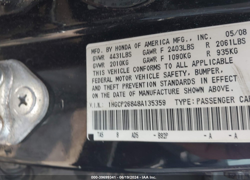 2008 HONDA ACCORD VIN: 1HGCP26848A135359