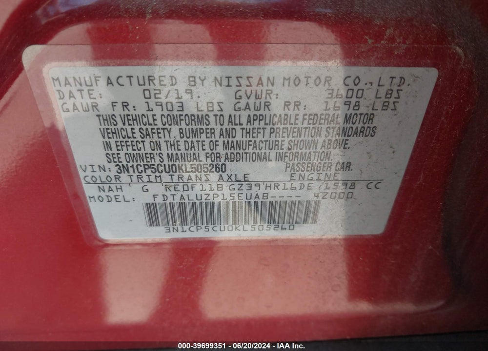 2019 NISSAN KICKS SR VIN: 3N1CP5CU0KL505260