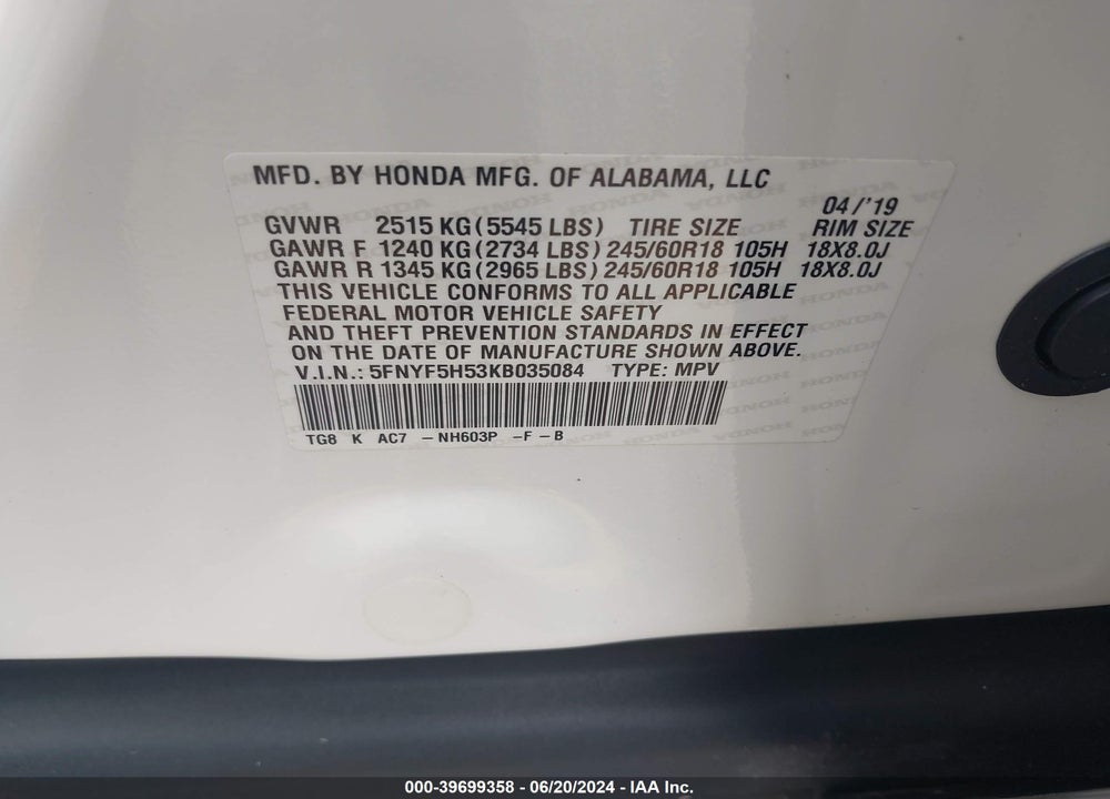 2019 HONDA PILOT EX-L VIN: 5FNYF5H53KB035084