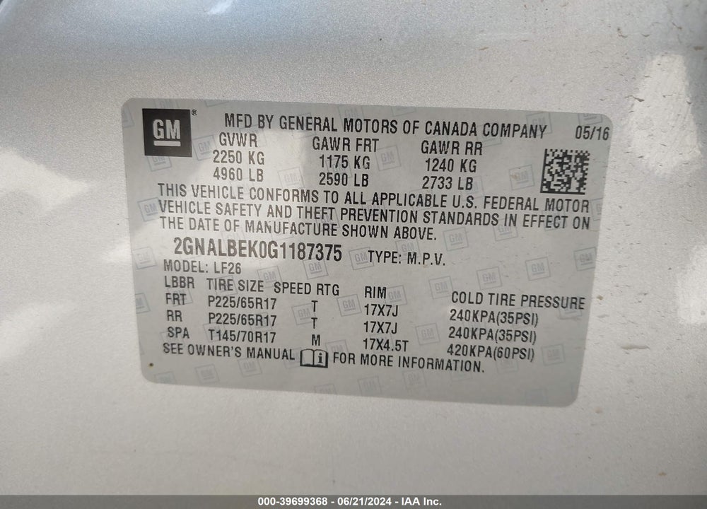 2016 CHEVROLET EQUINOX LS VIN: 2GNALBEK0G1187375