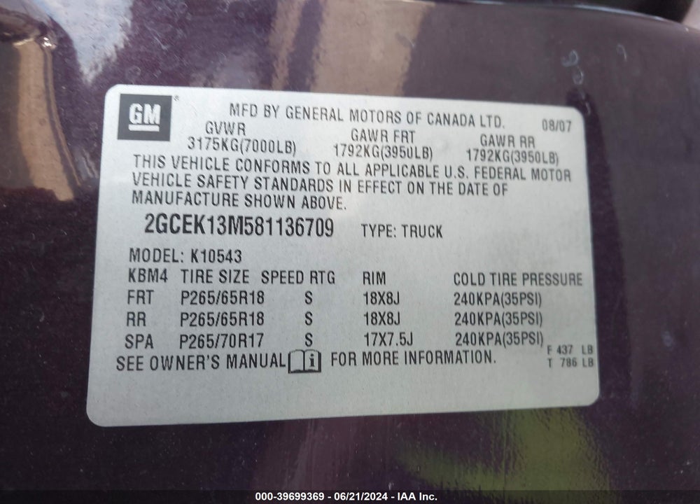2008 CHEVROLET SILVERADO 1500 LT2 VIN: 2GCEK13M581136709