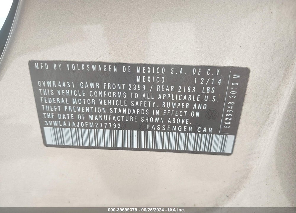 2015 VOLKSWAGEN JETTA 2.0L TDI SEL VIN: 3VWLA7AJ0FM277793