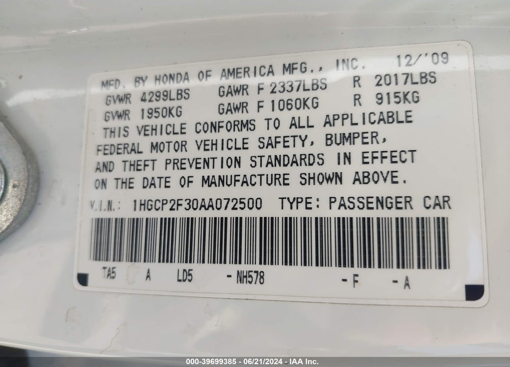 2010 HONDA ACCORD 2.4 LX VIN: 1HGCP2F30AA072500