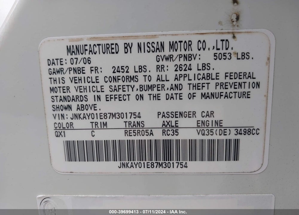 2007 INFINITI M35 VIN: JNKAY01E87M301754