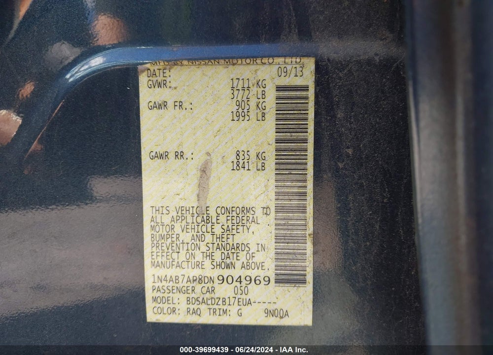 2013 NISSAN SENTRA SV VIN: 1N4AB7AP8DN904969