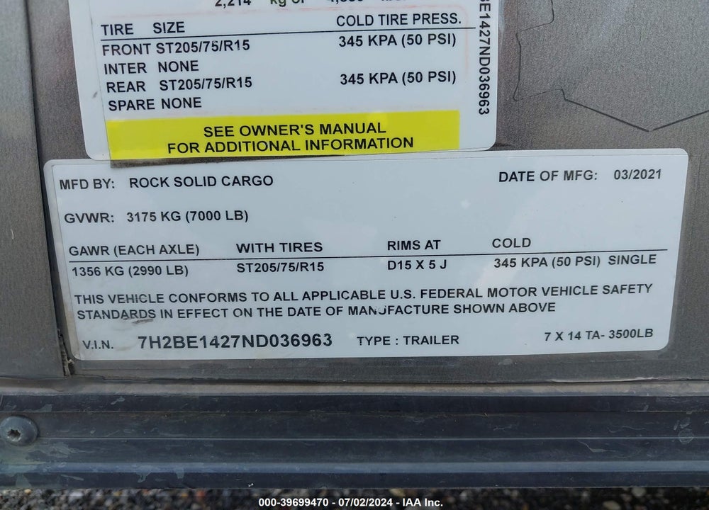 2022 ROCK SOLID CARGO ENCLOSED CARGO TRAIL VIN: 7H2BE1427ND036963