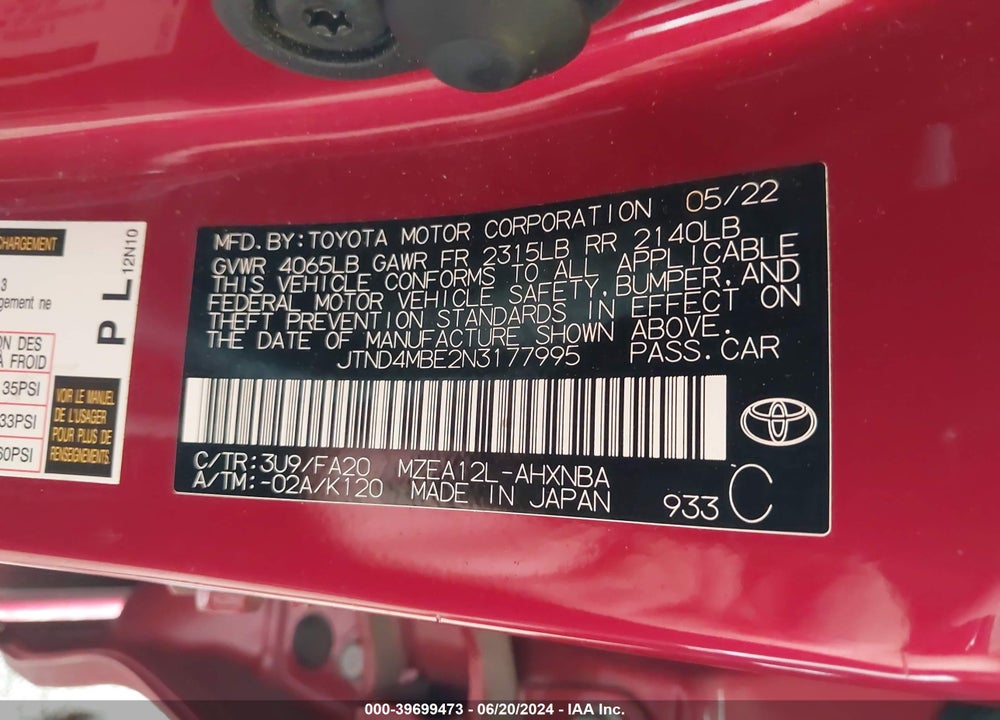 2022 TOYOTA COROLLA SE VIN: JTND4MBE2N3177995