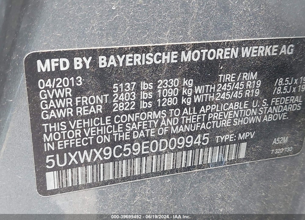 2014 BMW X3 XDRIVE28I VIN: 5UXWX9C59E0D09945