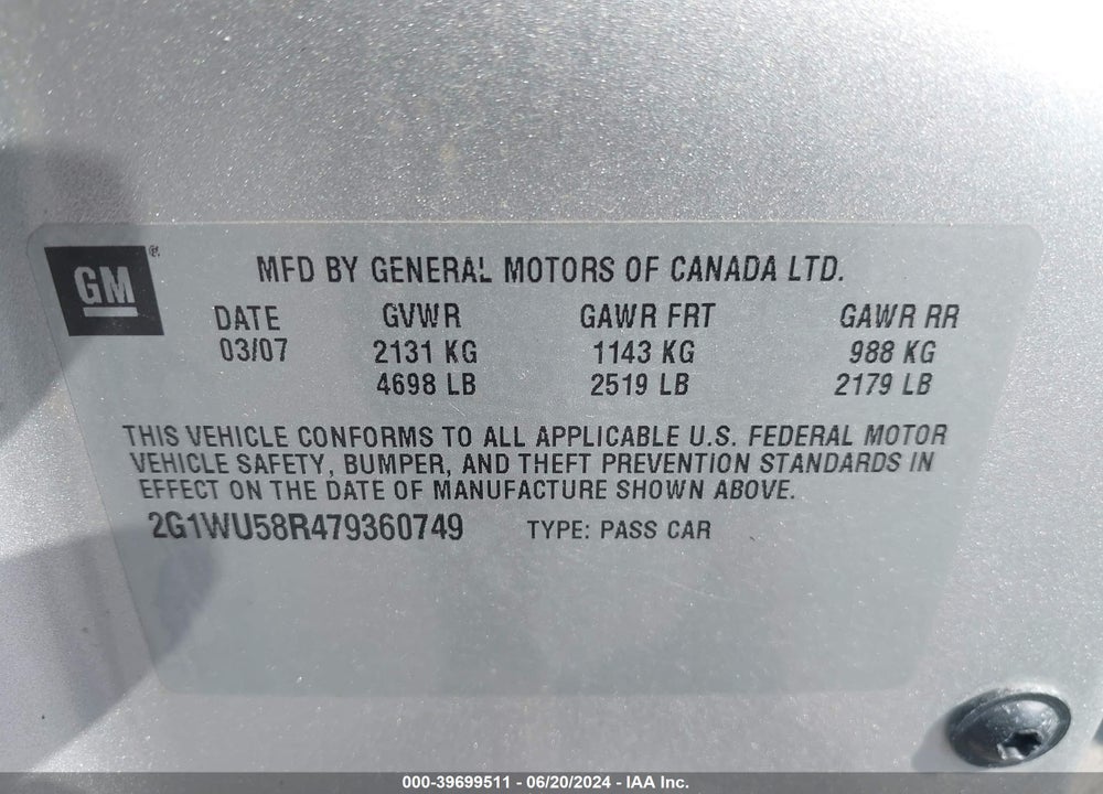 2007 CHEVROLET IMPALA LTZ VIN: 2G1WU58R479360749