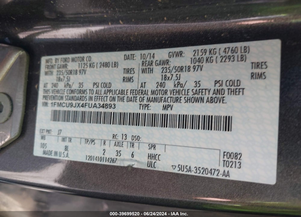 2015 FORD ESCAPE TITANIUM VIN: 1FMCU9JX4FUA34893