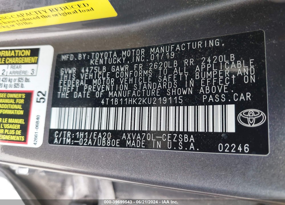 2019 TOYOTA CAMRY SE VIN: 4T1B11HK2KU219115